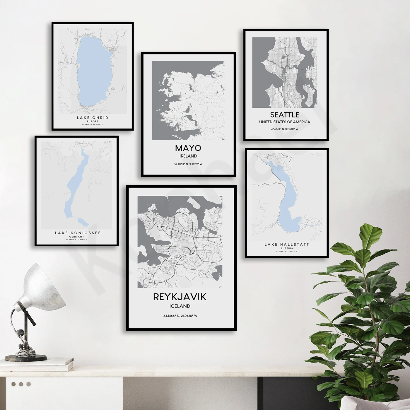 Manchester Denver Oxford Zagreb Reykjavik Ohrid Tenerife County Mayo Seattle San Antonio Kings Lake Hallstatt. City Map Poster