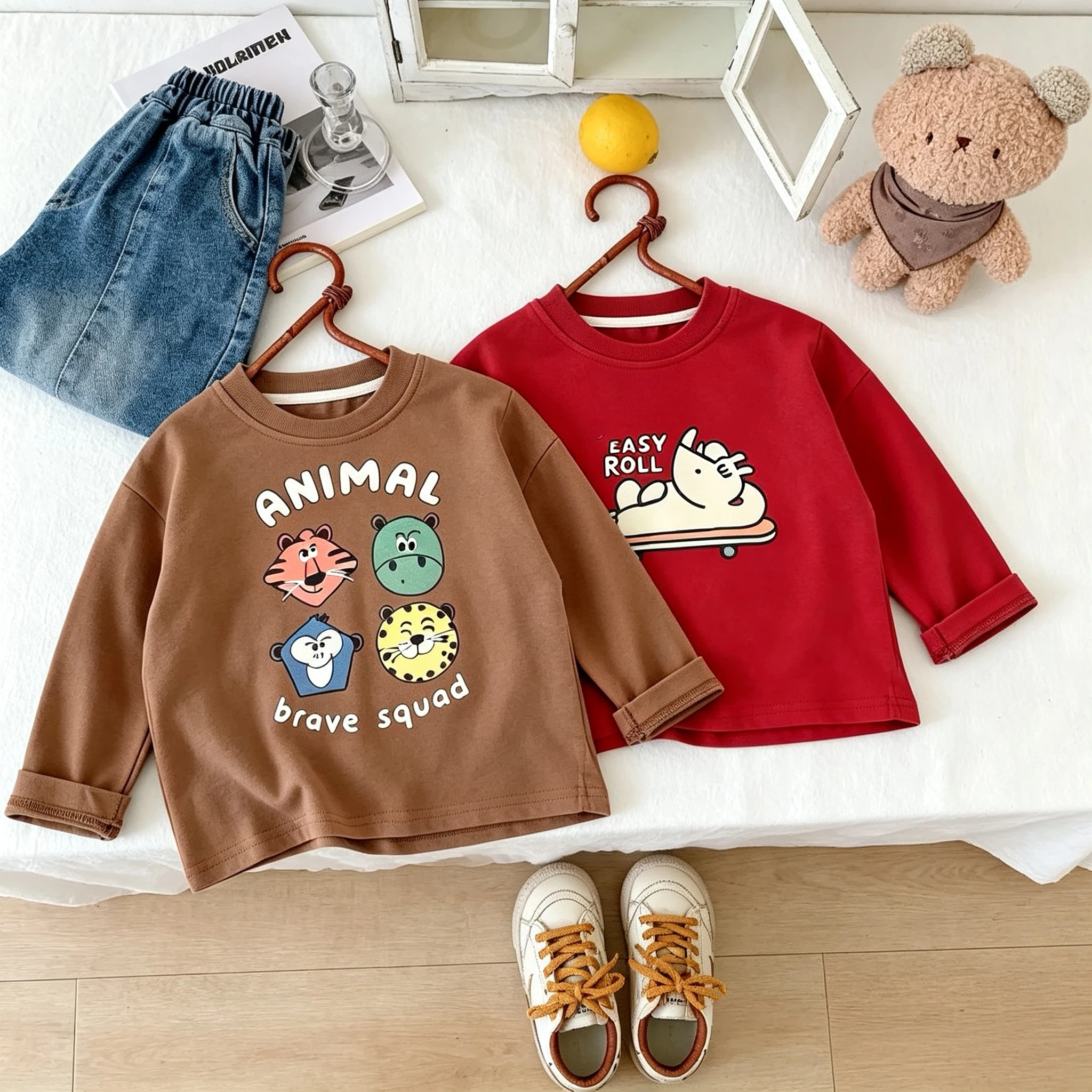 Cartoon Printed Kids Long Sleeve Tees Simple Fashion Baby Girl Boy Round Collar Pullover Blouse Autumn Clothing Child Base Shirt