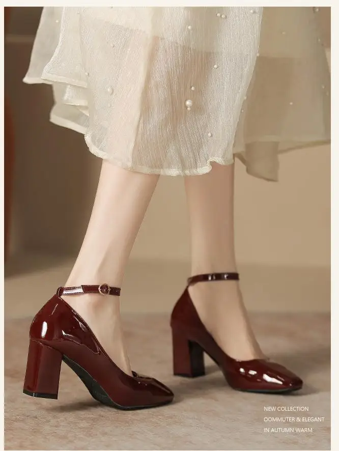 Size 31-43 Chunky 7cm High-heeled Shoes Mary Jane Women\'s Shoes Plus Size Patent Leather Pumps