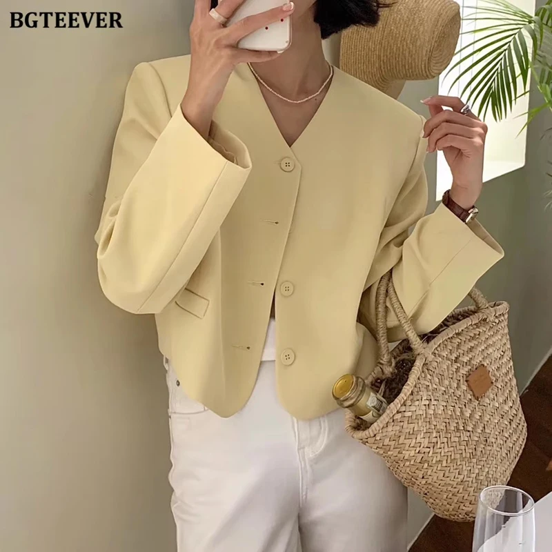 BGTEEVER Casual V-neck jednorzędowy kobiety Blazer wiosna moda z długim rękawem luźne kobiece garnitur kurtki odzież damska
