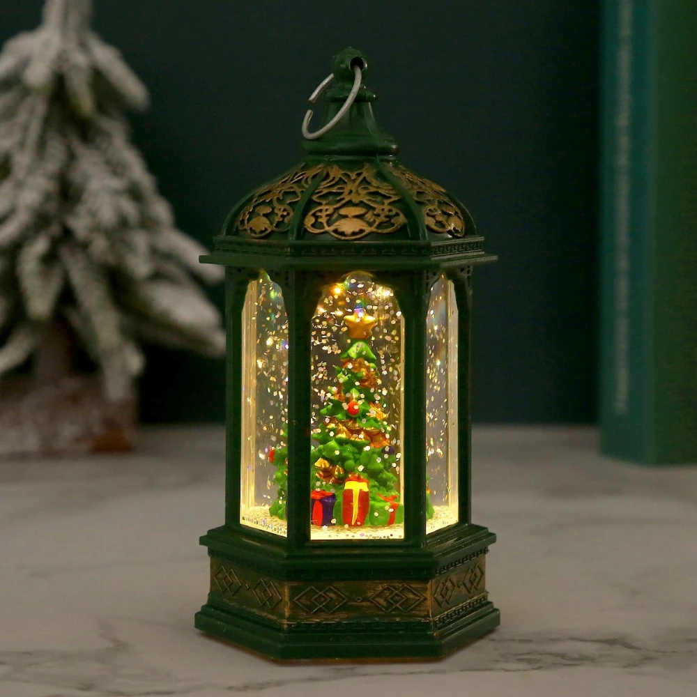 Gold-painted Jesus Christmas Decorations Night Lights Xmas Tree Santa Claus Hexagonal Wind Lanterns Water-filled Christmas Gifts