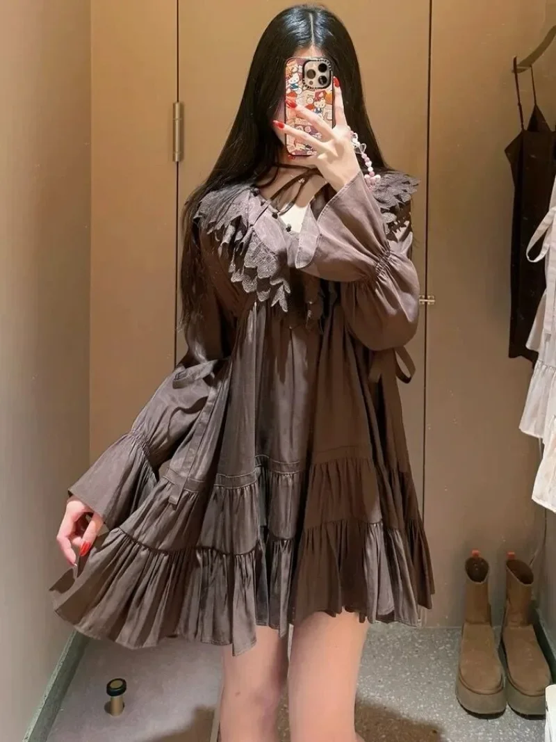 Japanese New 2025 Elegant Casual Loose Dress Women Ruffled Patchwork Long Sleeve Robe Female Spring All-match Chic Vestidos