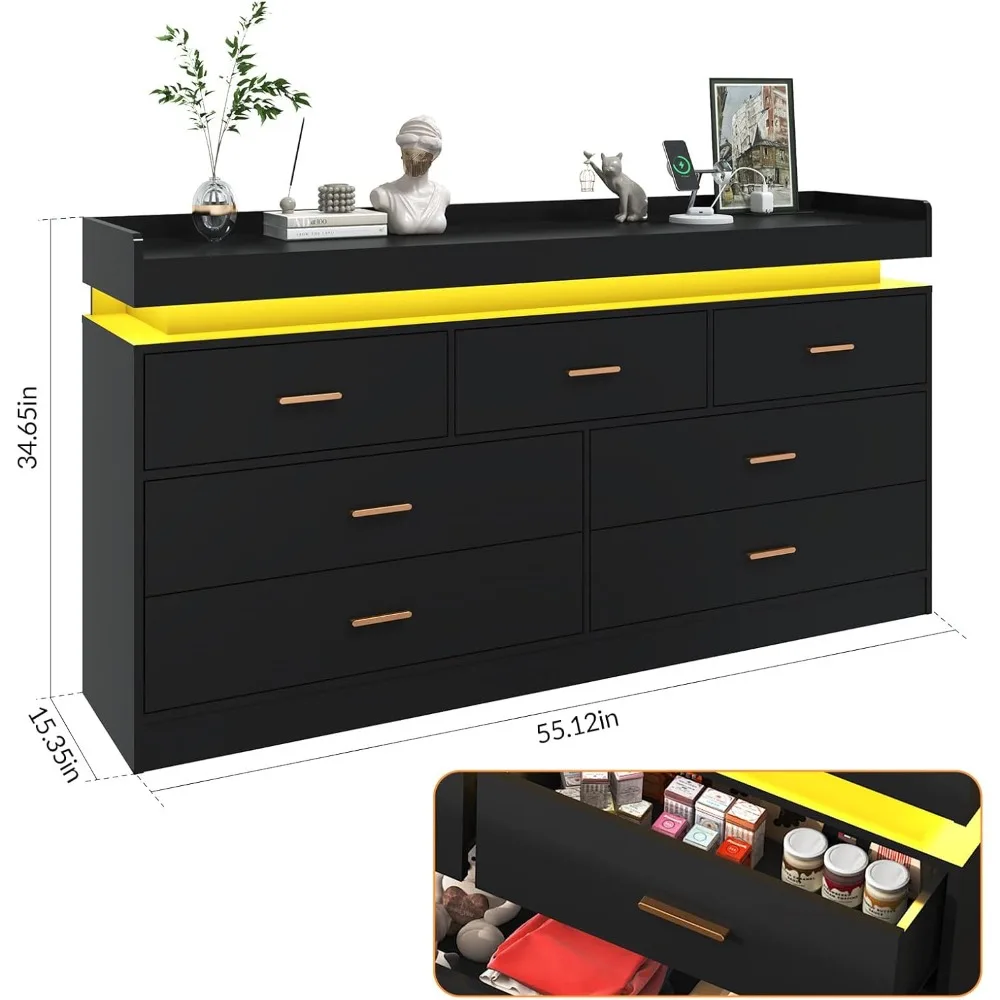 Dresser with Charging Station and LED Lights, Modern Chest of Drawers with Power Outlet, Organizer Cabinet for Bedroom,