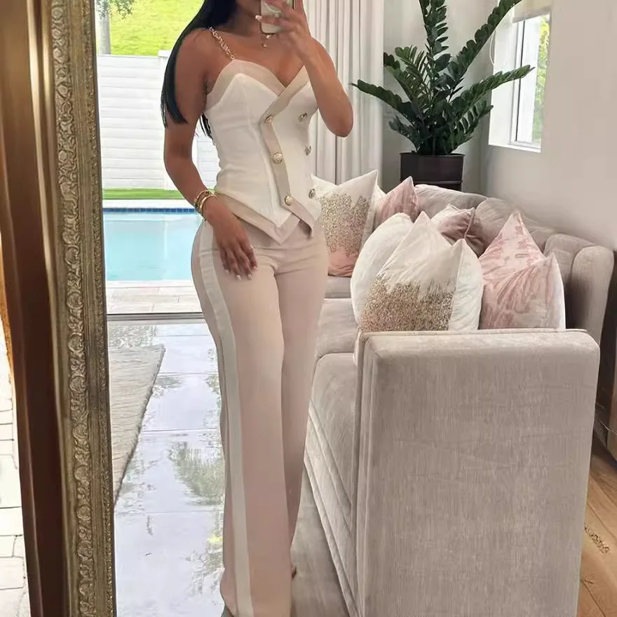 Women Side Striped Work Suit Set Contrast Paneled Skinny V-Neck Double Breasted Chain Strap Cami Top And Straight Leg Pants Set