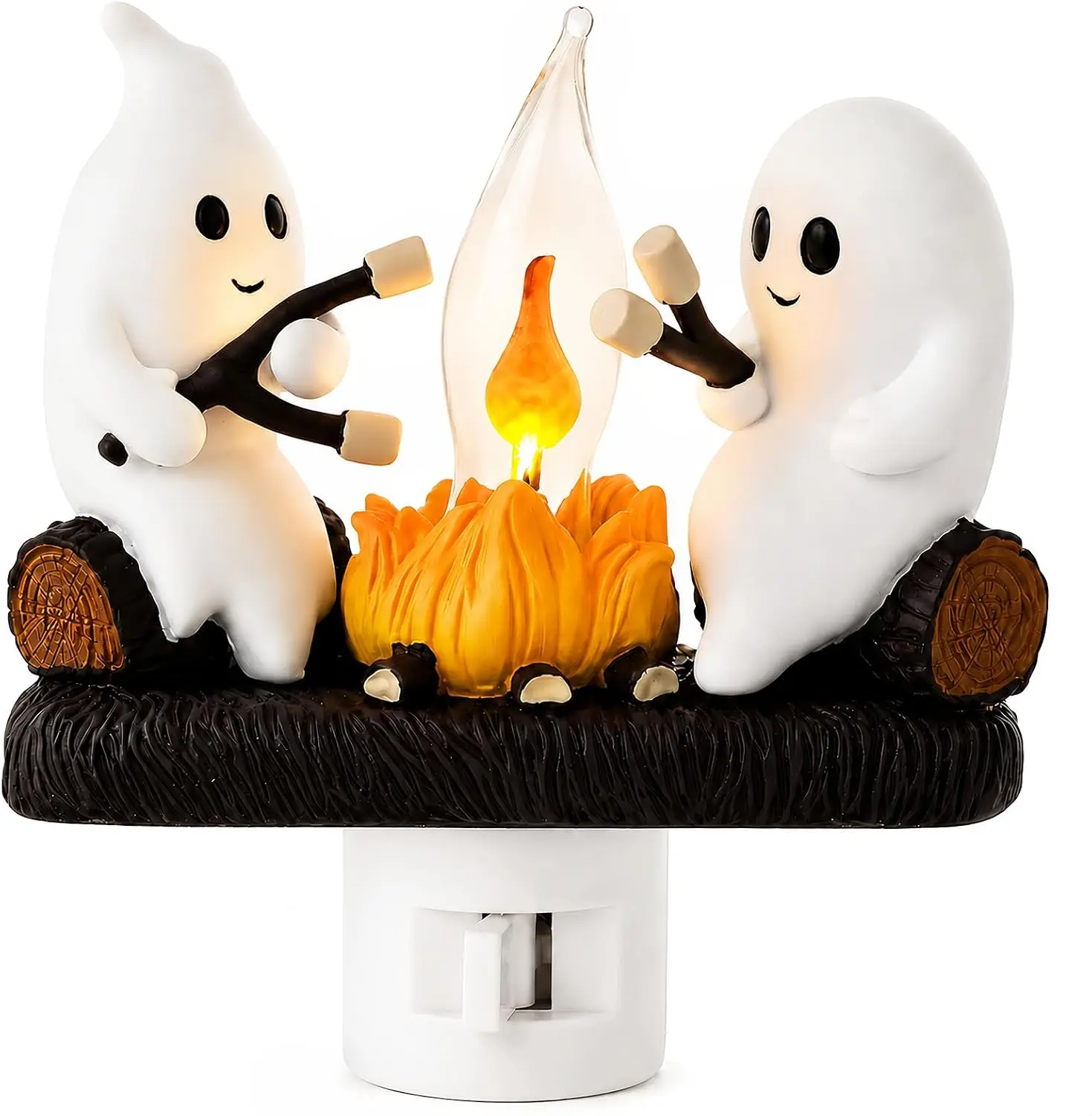 Ghost Campfire Night Light, Plug-in Wall Flickering Flame Nightlight, 3D Cute Spooky Marshmallow Ghost Decoration for Bedroom