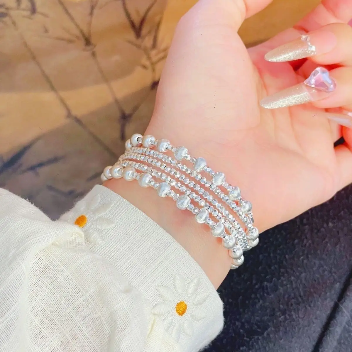 S999 sterling silver multi-layer broken silver round beads wrapped bracelet, irregularly layered and elastic string beads