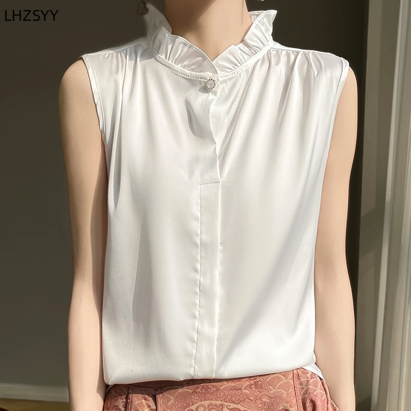 LHZSYY Women\'s Spring Summer New Fashion Vest Inside Fungus Collar Sleeveless Shirts Silk Satin Bottom Blouse Joker Thin Tops