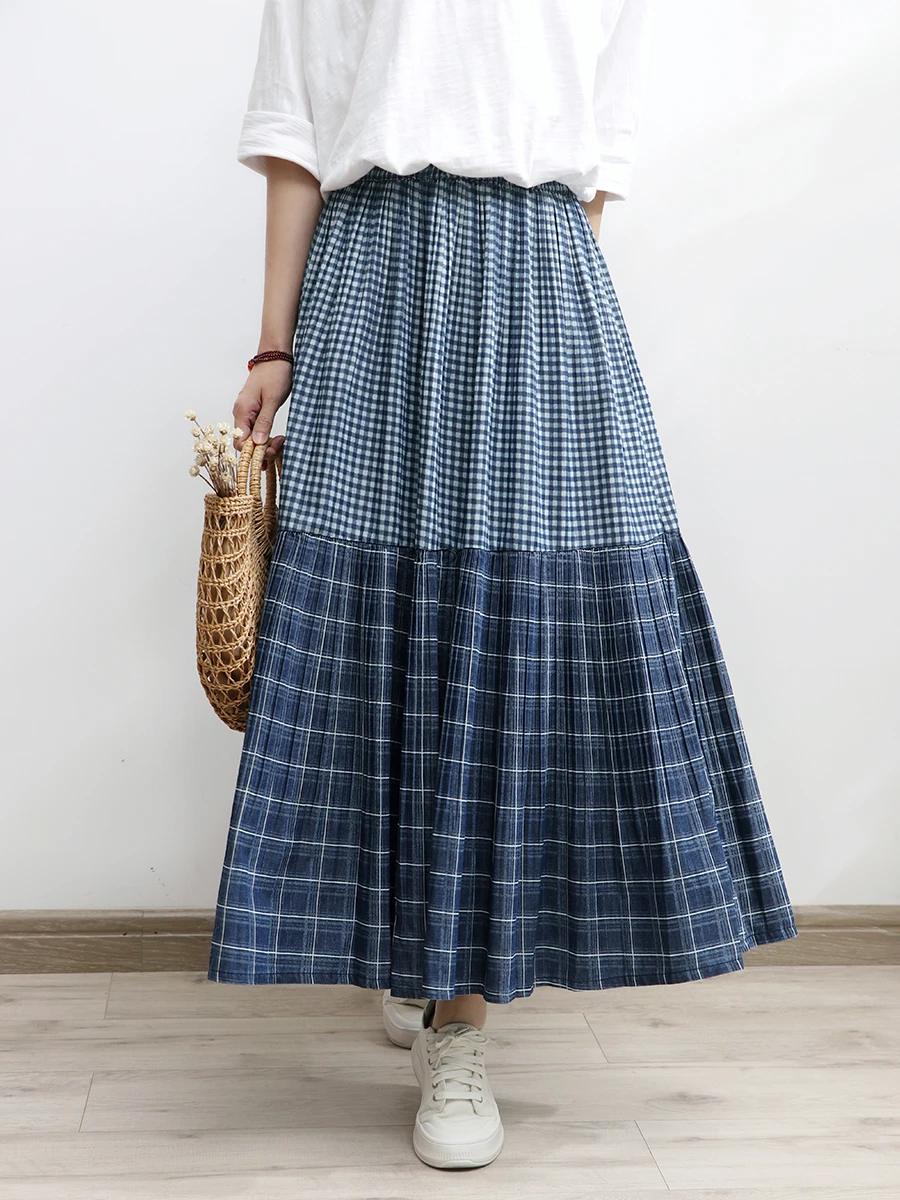 Free Shipping 2024 Deep Blue New Long Maxi Women Elastic High Waist Spring  Summer Denim Checkered Patchwork Lady  A-Line Skirts