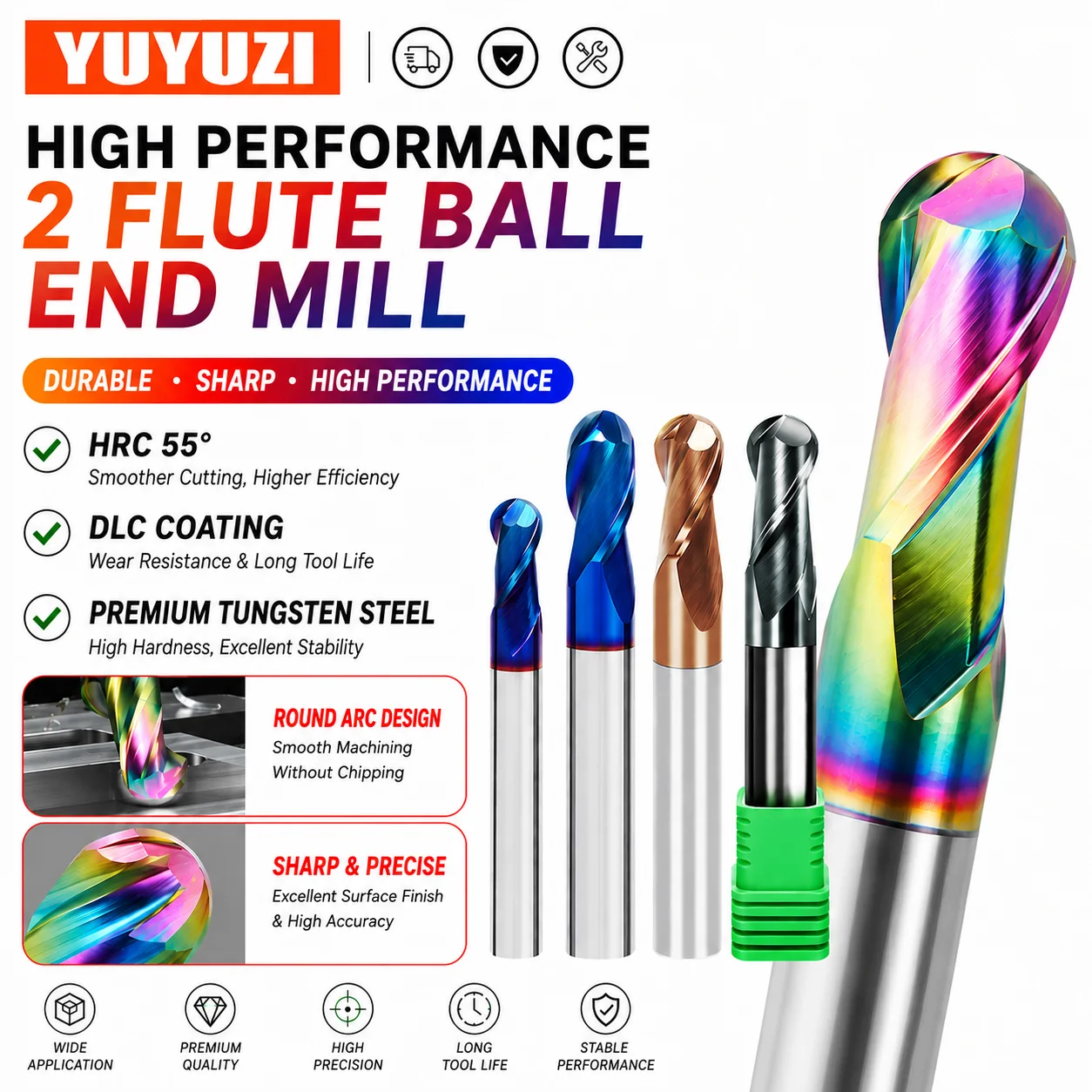 

HRC56-65 Nano Coated Ball Nose End Mill R0.5-R6.0 2 Flute Ball Nose End Mill Carbide Mill Cutter for Aluminum Steel Processing