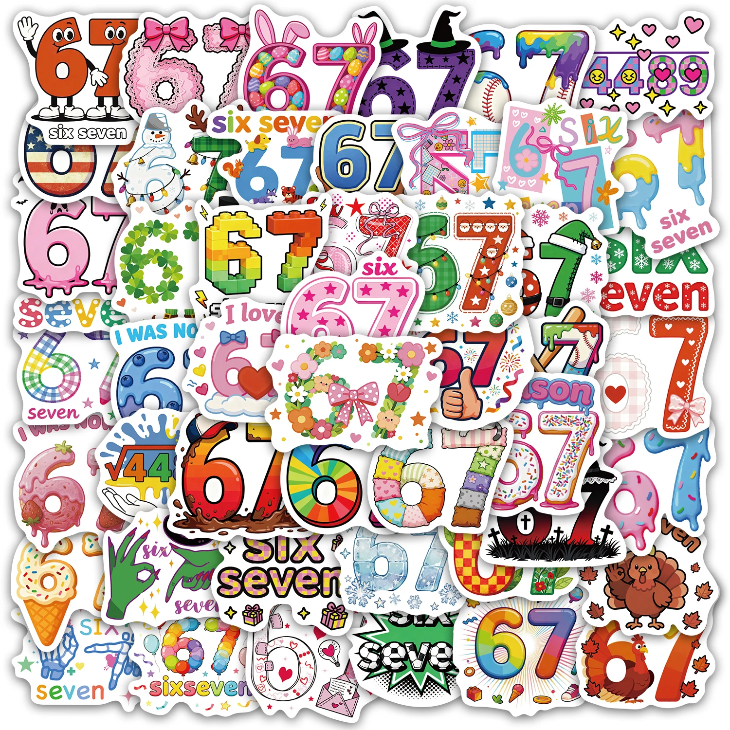 50 SZTUK Naklejek z Numerami Sześć Siedem 6-7 w Stylu Amerykańskich Influencerów Internetowych DIY na Obudowę Telefonu Laptop Kubek na Wodę Komputer Zabawki