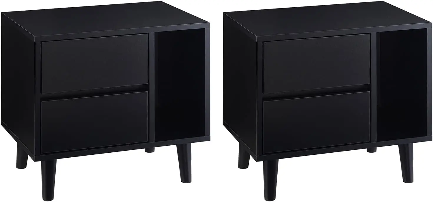 

Contemporary Bedside Table Set Black 2 Drawers & Open Storage Sturdy Solid Wood Legs Nightstand Pair Home Bedroom Decor