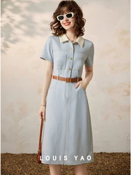 LOUIS YAO Women Dress Elegant Turn Down Collar Short Sleeve Office Lady A-LINE French Style Casual Long Dress