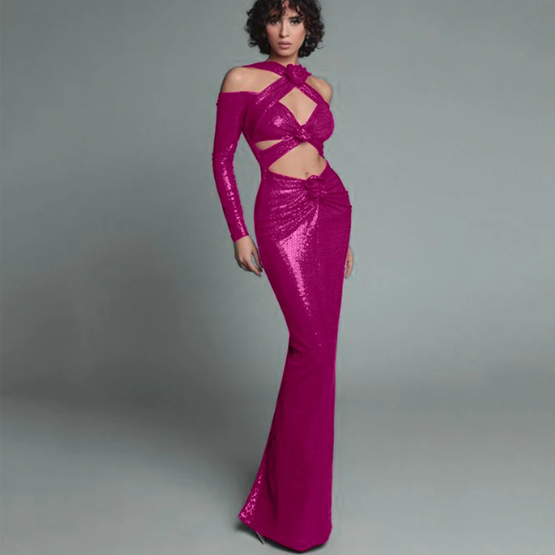 Neue Frauen Luxus Party Kleid Sexy Cut Out Shinning Pailletten Schöne 3D Blumen Dekoration Meerjungfrau Elegante Party Kleid Vestido