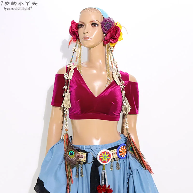 

Belly Dance Dance Velvet Fat Chance Tribal Choli Costume Short Drop Sleeve Top CJJ11