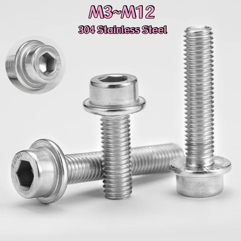 M3 M4 M5 M6 M8 M10 M12 Flange Socket Head Cap Screw 304 A2 Stainless Steel With Washer Allen Socket Bolts Length 5mm-60mm