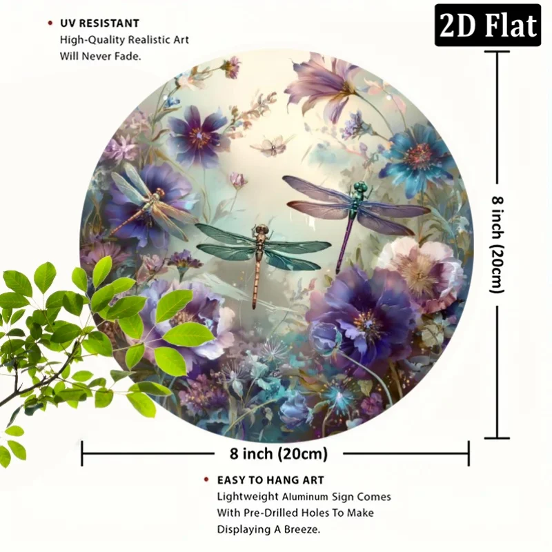 2D Flat - 2D Plane - 1pc 2D Plane Round Dragonfly And Flower Wall आर्ट | Vibrant Nature Inspired Plant Design Print Round Alumin
