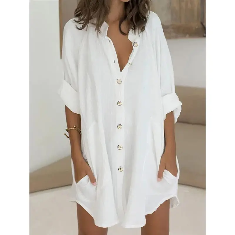 

Свободная женская рубашка средней длины на пуговицах, повседневная, с коротким рукавом, однотонная, из других материалов, лето 2025, стандартный крой, тонкая.