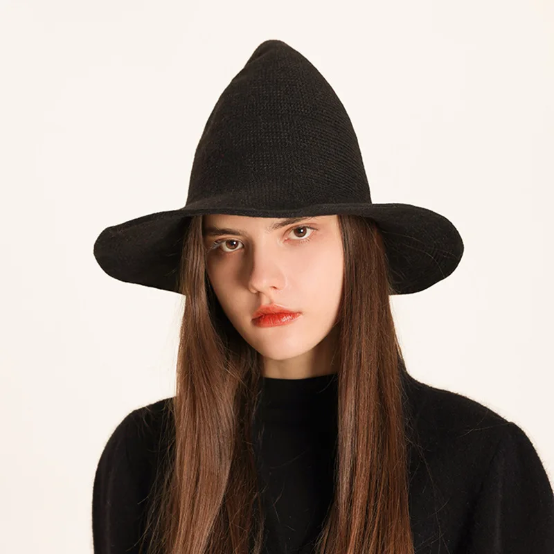 Wide Brim Knit Witch Hat Pointed Tip for Women Halloween Costume Accessory Korean Fashion Autumn Winter Blend Cap
