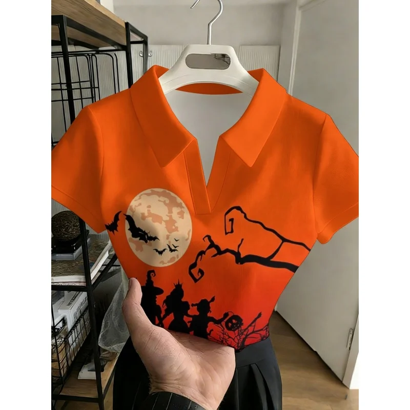Women V Neck Short Sleeve Polo Top, Halloween Full Moon Trick Or Treat Kids Silhouette Pumpkin Print Collared Tee