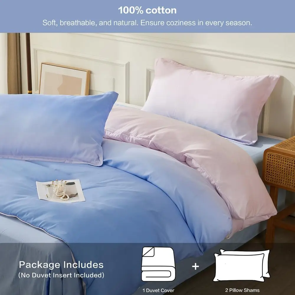 Blue and Pink Gradient Queen Duvet Cover Set with 8 Ties, Reversible, Zippered Microfiber