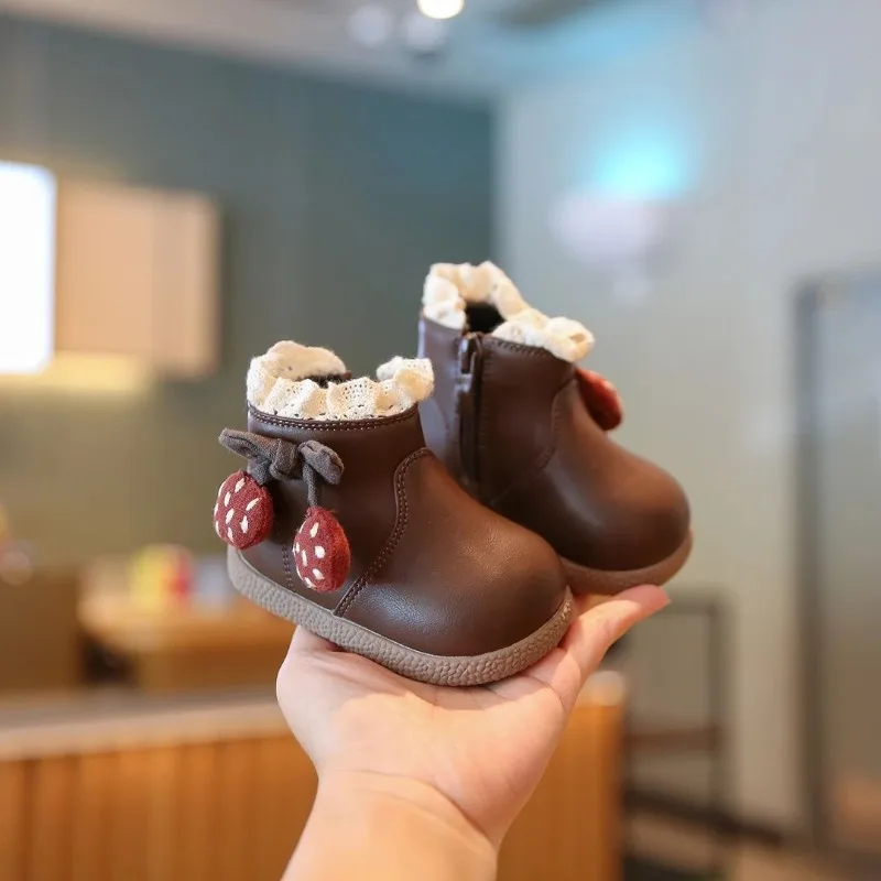 Baby Girl Cherry Blossom Lace Warm Soft Sole Boots Comfortable Toddler Princess Style Infant Footwear​