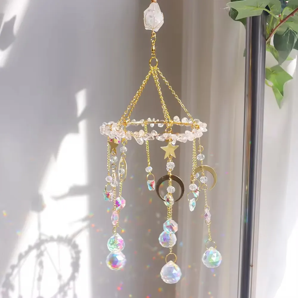 Custom Raw Stone Top Star Moon Shape Clear Quartz Crystal Chip Sun Catcher - Glass Pendants Hanging Ornament for Window Decor