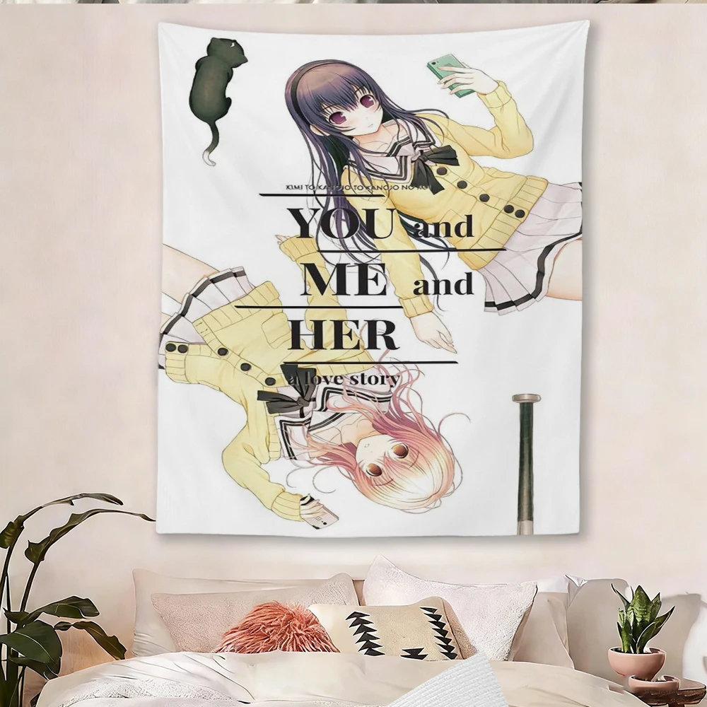 Y-YOU and ME and HER A Love Story Miyuki Aoi School Uniform Black Cat White Background Anime Tapestry Teen Girls Bedroom Decor