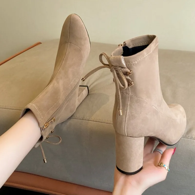 

Block Heel Short Thigh Boots Women's Fall/Winter New Round Toe Suede Side Zipper Bow Non-Slip High Heel Single Shoes