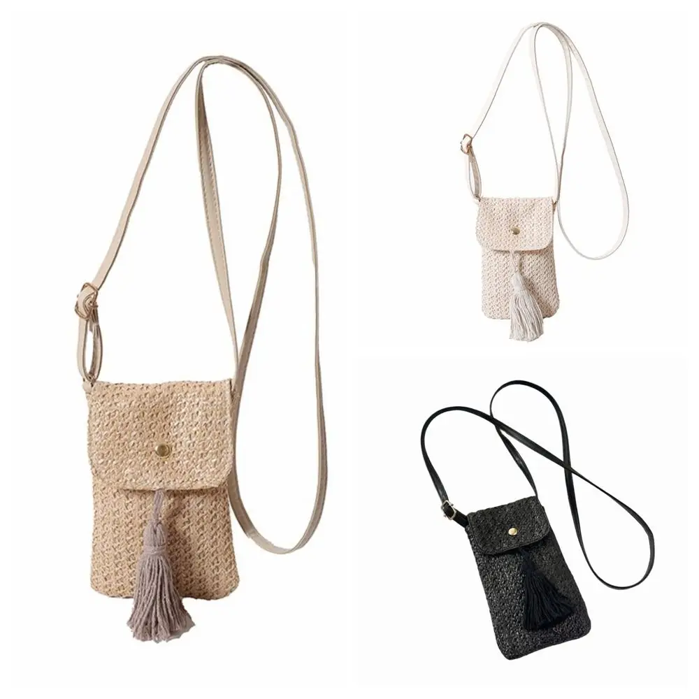 Portable Weaving Straw Woven Handbag Long Tassel Handmade Woman Phone Pouch Niche Design Solid Color Crossbody Bucket Bag Female view 5