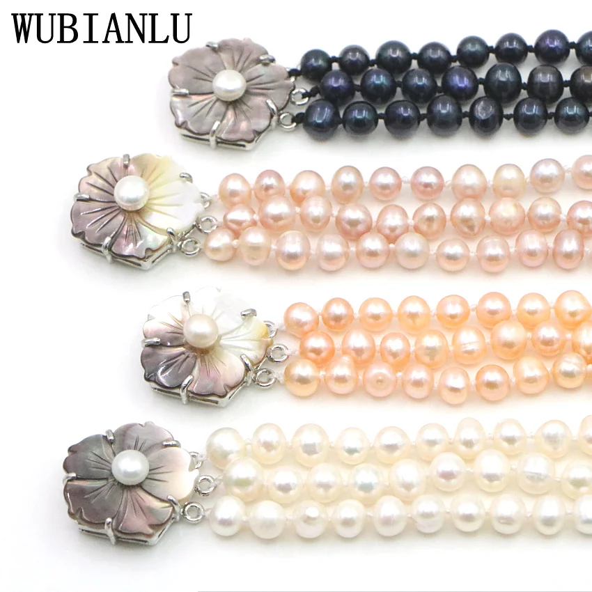 WUBIANLU 3 Row 7-8mm White Freshwater Pearl Necklace Chain Floral Buttons Jewelery Women Girl Banquet 17-19 InchFashion Charming