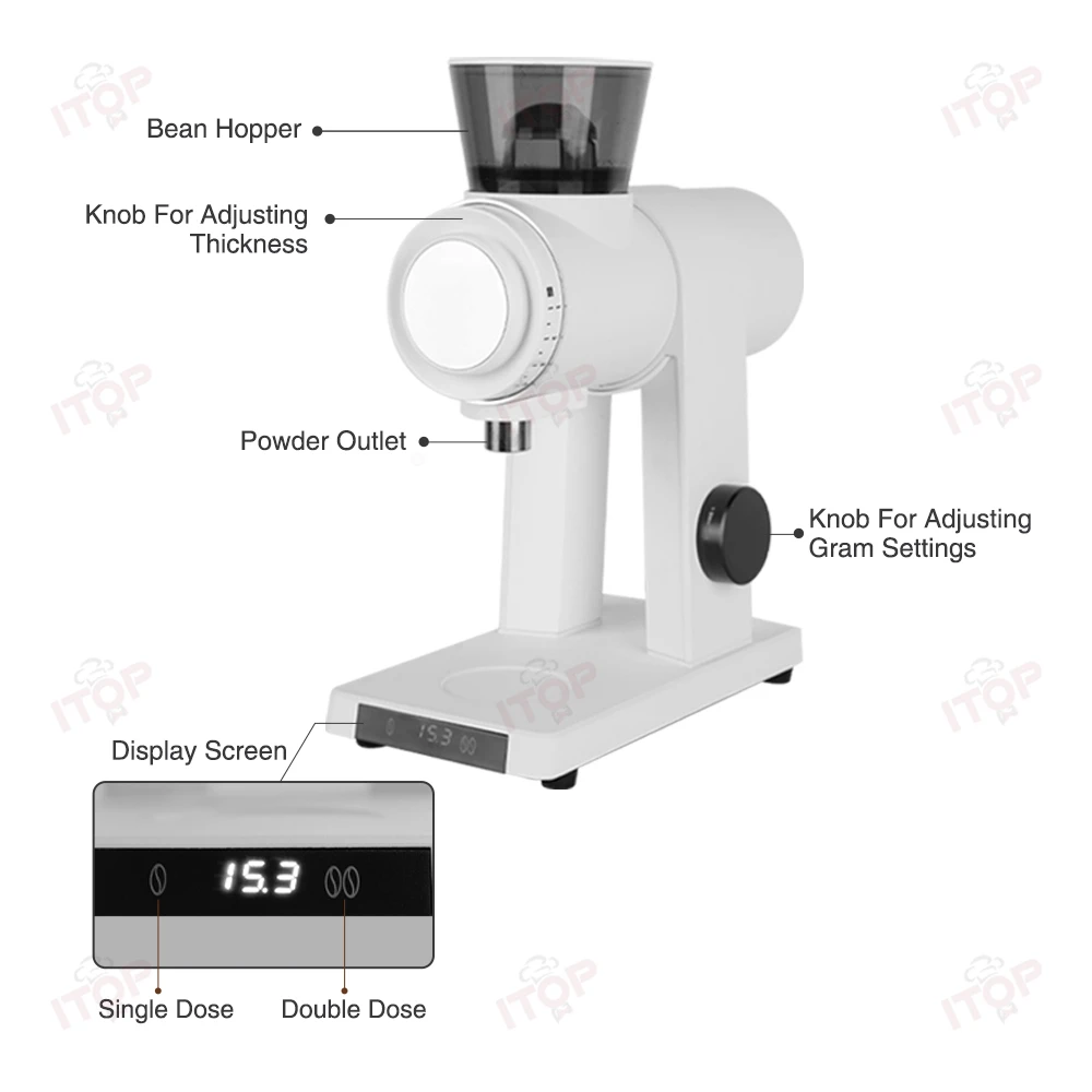ITOP CG-13 مطحنة القهوة 60 مم لدغ مسطح 14 إعدادات طحن عرض الجرعات الوقت 300 وات محرك 110 جرام قادوس الفول