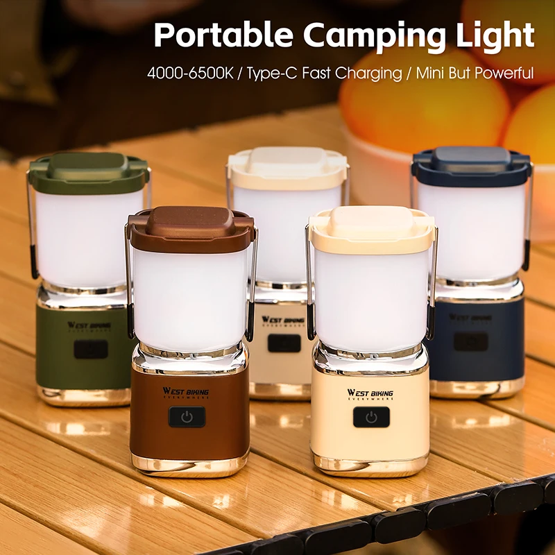 WEST BIKING Portable Camping Lantern With Windproof Hanging Hook Outdoor Tent Light Stepless Dimming Rechargeable Night Light