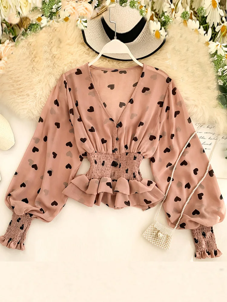 Women\'s Love Print Chiffon Shirt Top Spring Autumn V-neck Puff Sleeve Elastic Waist Double-layer Ruffled Tops and Blouses ML702