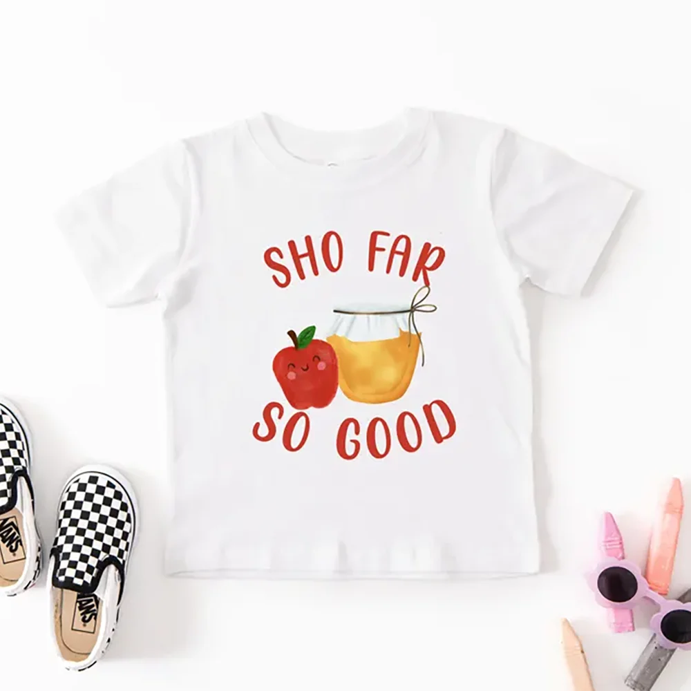 

Kids Rosh Hashanah Shirt Jewish New Year Tee So Far So Good Sweatshirt Passover Jewish Holiday Gift Baby Shower Decoration