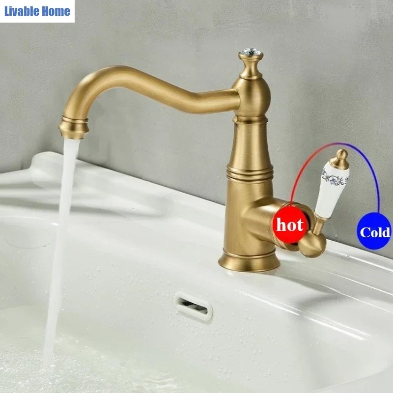 Vintage Brass Luxury-Style Sink Faucet for Bathroom Vanity, Ceramic Sink, Single Hole Hot Aand Cold Faucet with Splash Guard
