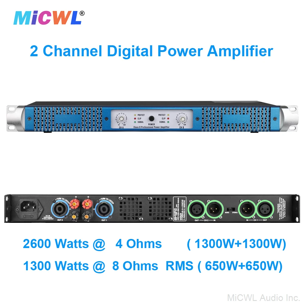 MiCWL Digital 1300W 2 Channel Power Amplifier 8Ω 1300 Watt Audio Sound Microphones XLR Power Preamps AMP with Volume Switch