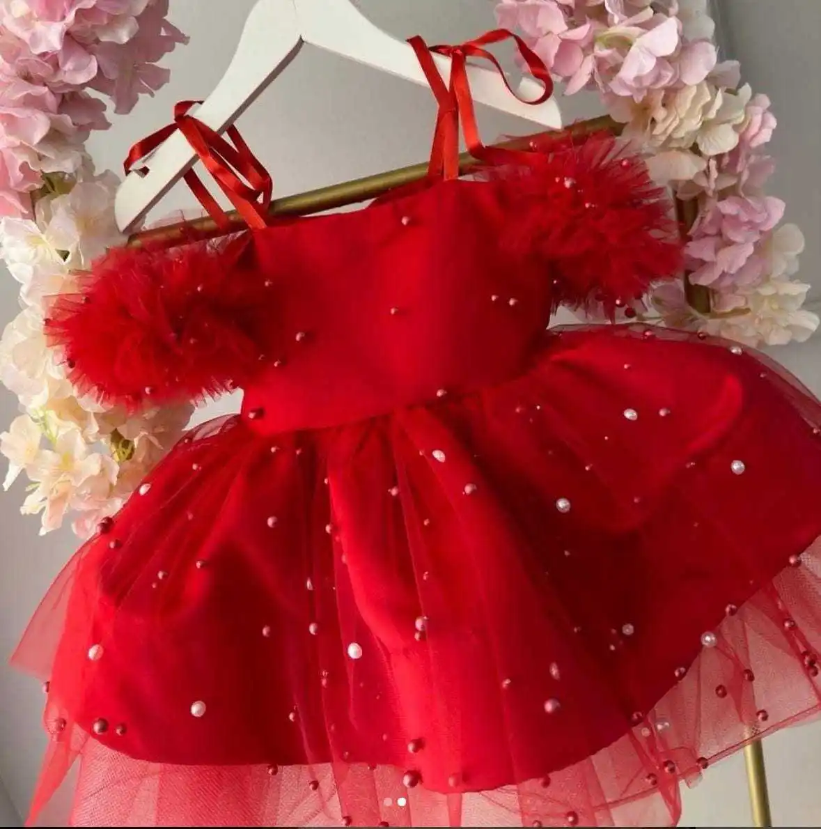 

Baby Girls' Wedding Birthday Party Sheer dress One shoulder 2025 Children's red pearl Lace up Strap Princess Ball fluffy Dress