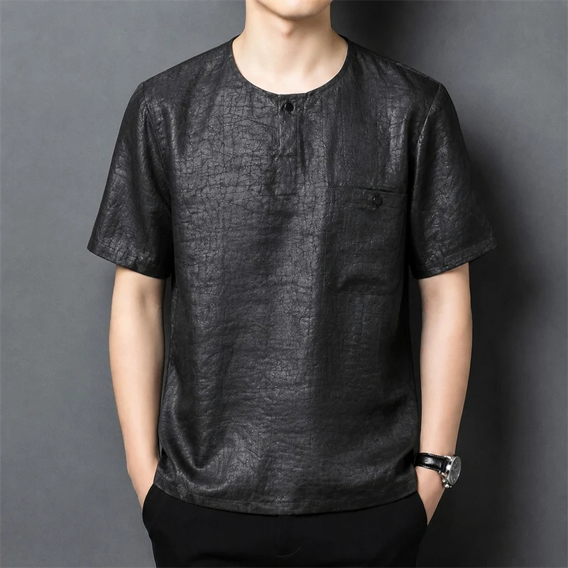Chinese Style Black T Shirt For Men Short Sleeve Real Silk 100% Summer Quality Coolness Skin-Friendly Pocket Camisetas De Hombre
