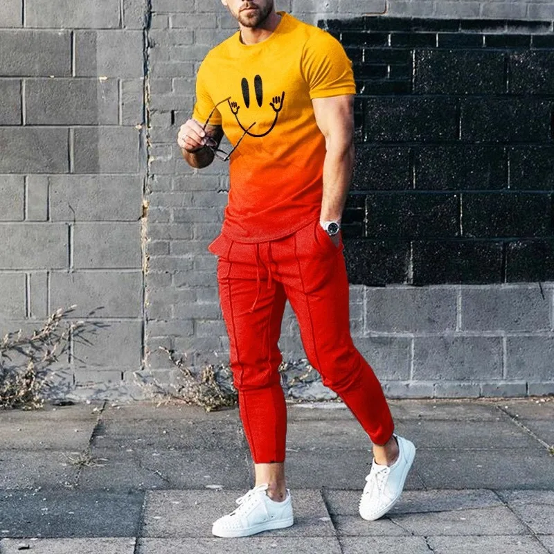 Neuankömmling Herren hose Trainings anzug 2-teiliges Set 3D-gedruckte Sommer lustige Smiley Kurzarm T-Shirt lange Hosen Straßen kleidung