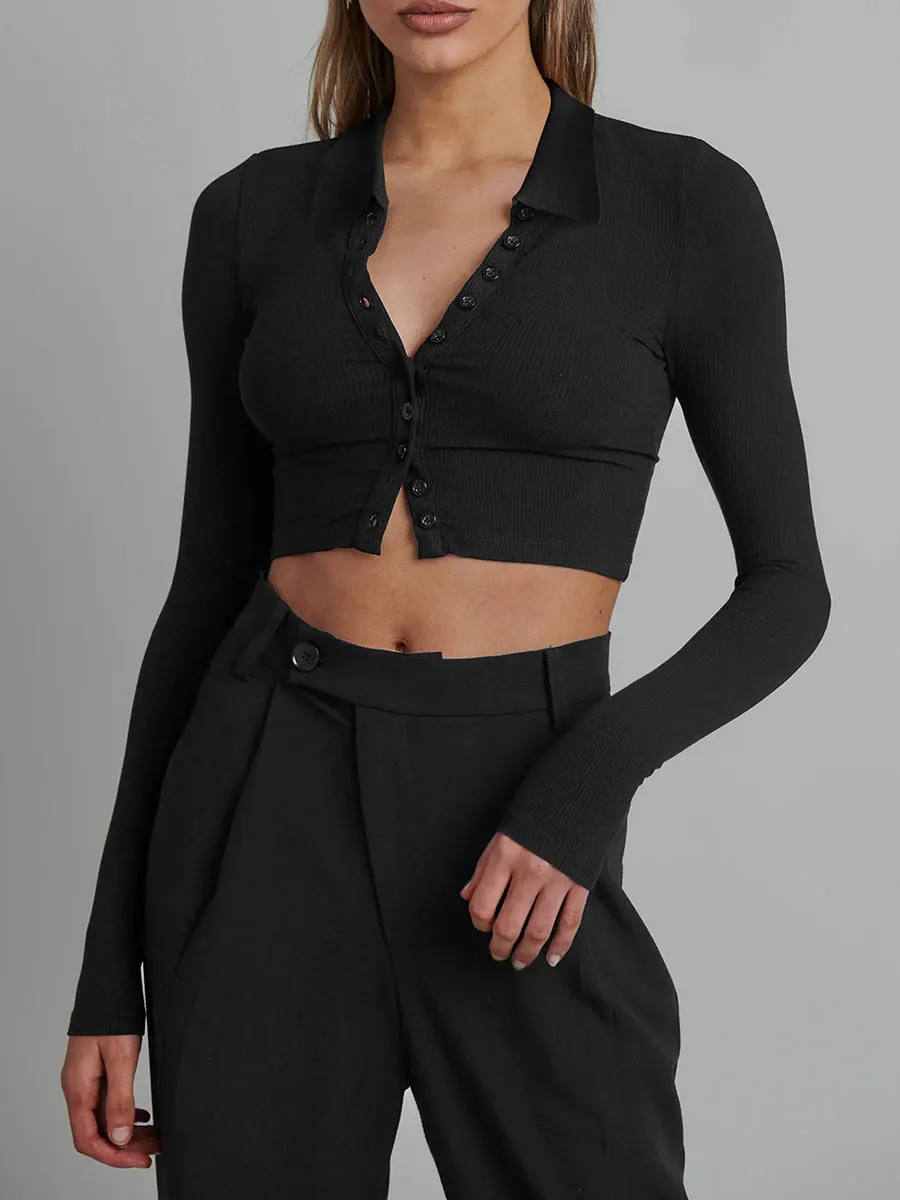 

Women Crop Ribbed Cardigan Fall Spring Chic Solid Color Long Sleeve Tops Basic Shirts Casual Buttons Blouse for Club Streetwear