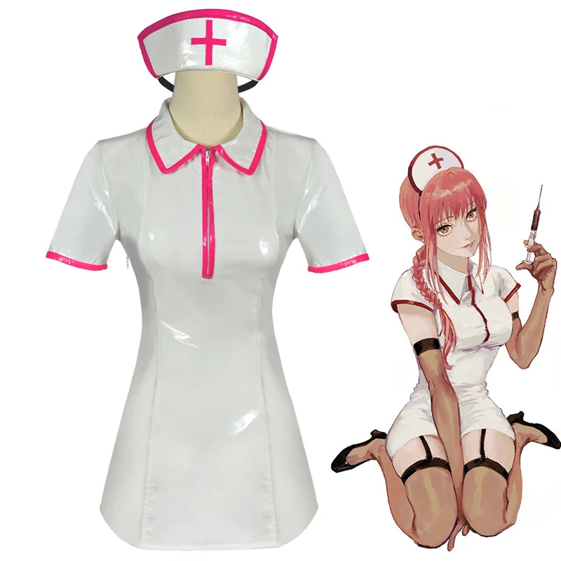 

Anime Chainsaw Man Makima Nurse Cosplay Costume, Patent Leather Dress with Full Accessories, Halloween Lingerie Outfit Comic Con