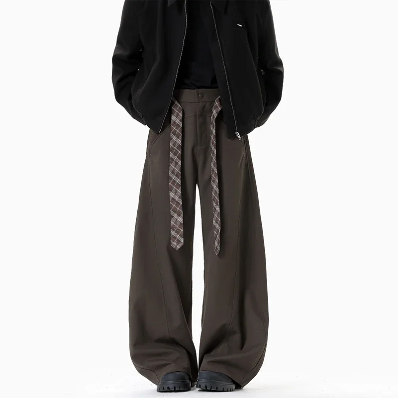Autumn brand elastic waist belt men's baggy high street casual pants straight and loose oversized Y2K wide leg pants trousers