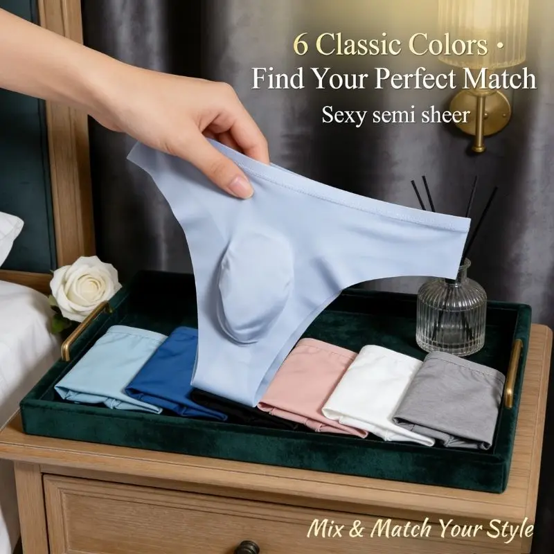Celana Dalam Pria Ultra Tipis Bahan Sutra Es Nilon Model Thong Seksi Tanpa Jahitan G-String untuk Malam Romantis, Bernapas, Model T-Back Ukuran Besar S-6XL