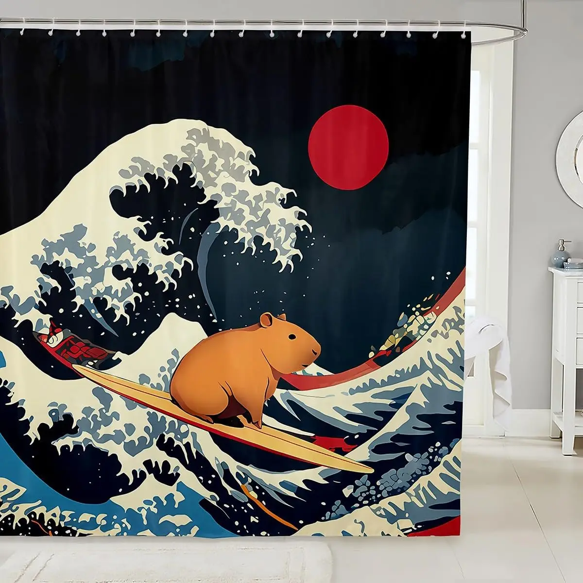 

Занавеска для душа с изображением капибары, занавеска для ванной комнаты в японском стиле, тканевые занавески для душа «Великая волна», забавная ванная комната с капибарой