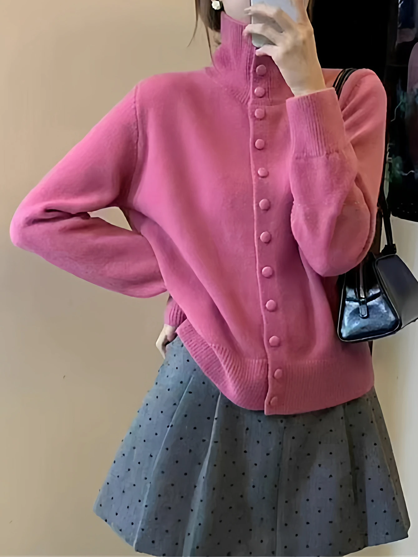 여성용 하이넥 소프트 왁시 니트 가디건 젠틀 스타일 싱글 브레스티드 한국 트렌디 아우터웨어 가을 겨울용