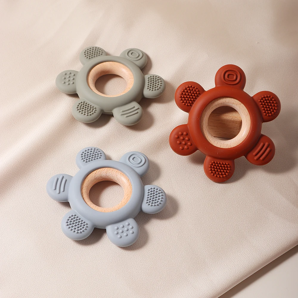 hot sale Baby wooden teether flower silicone teether Food Grade Safe Teether with wooden ring  Toy Teething gift