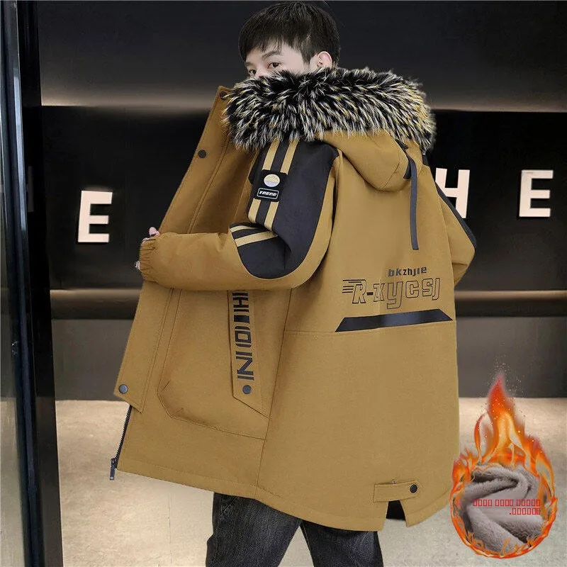 

2025 Winter New Fashion Thickened Hooded Cotton Jacket Men's Warm Windproof Stylish Trendy Brand Parka Coat Medium Length