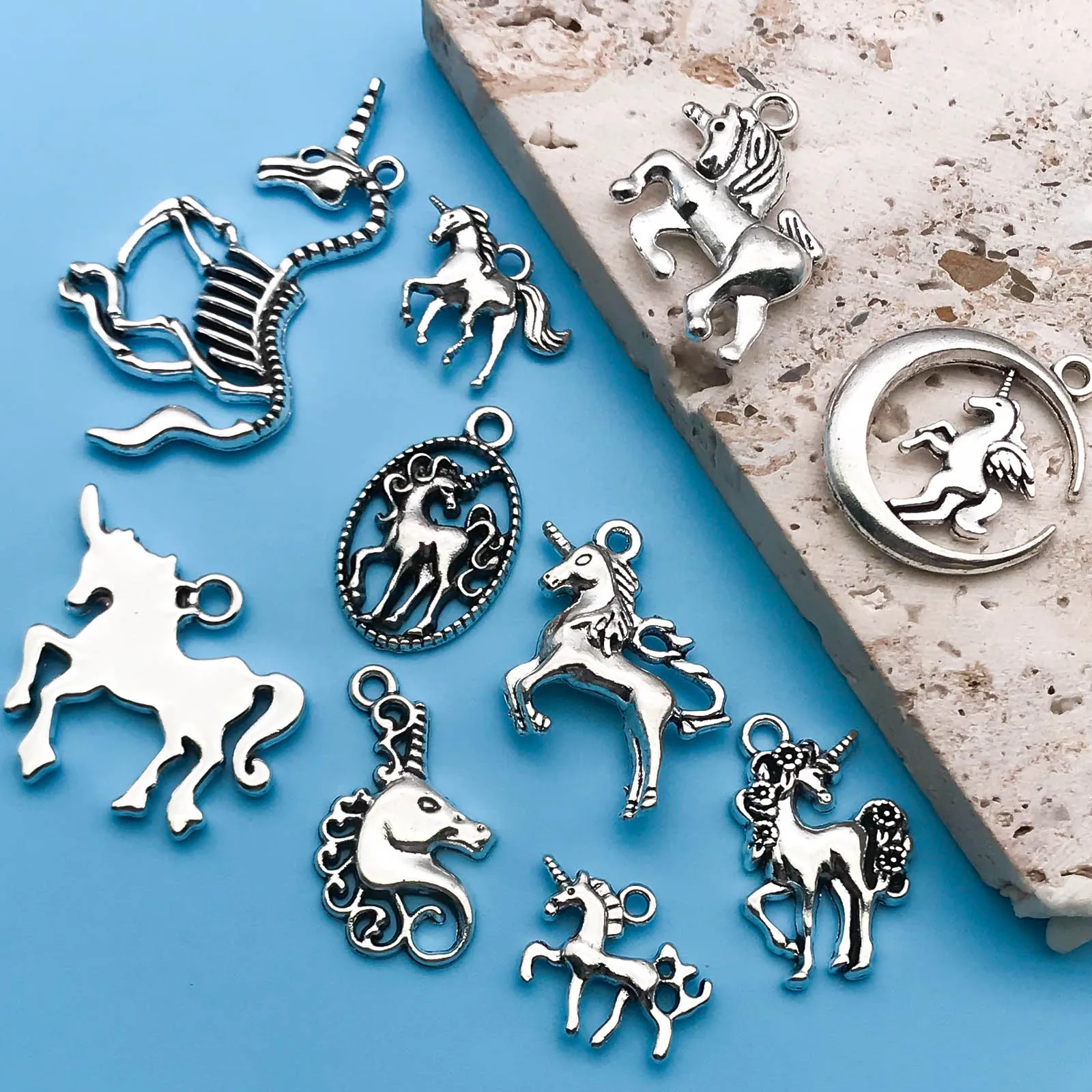 6/10Pcs Antique Silvery Vintage Unicorn Charms Animal Shaped Small Pendant For Jewelry Making Findings Crafting Accessory