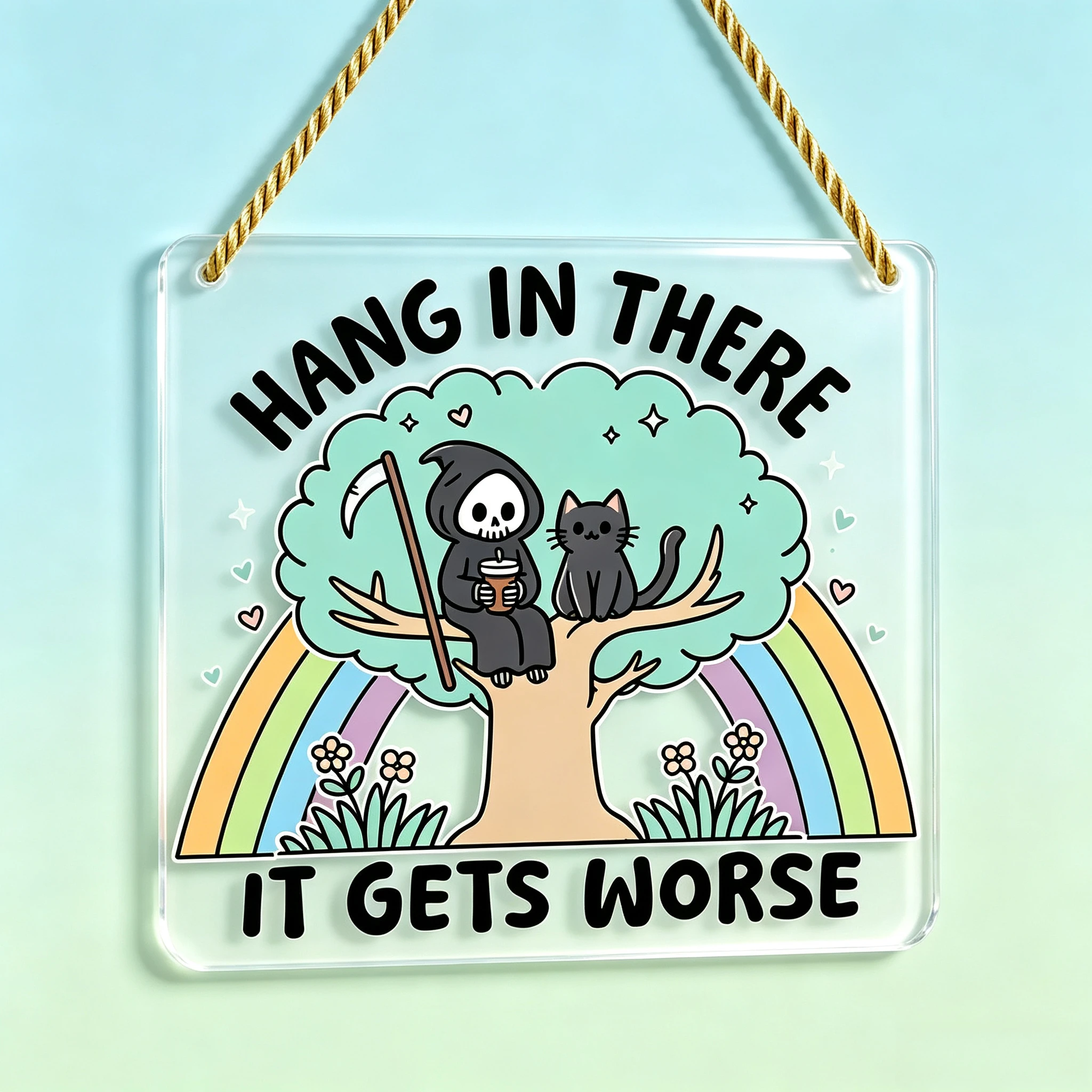 Hang In There It Gets Worse Square Acrylic Hanging Sign, Grim Reaper Black Cat Funny Wall Decor,Halloween Party Gift