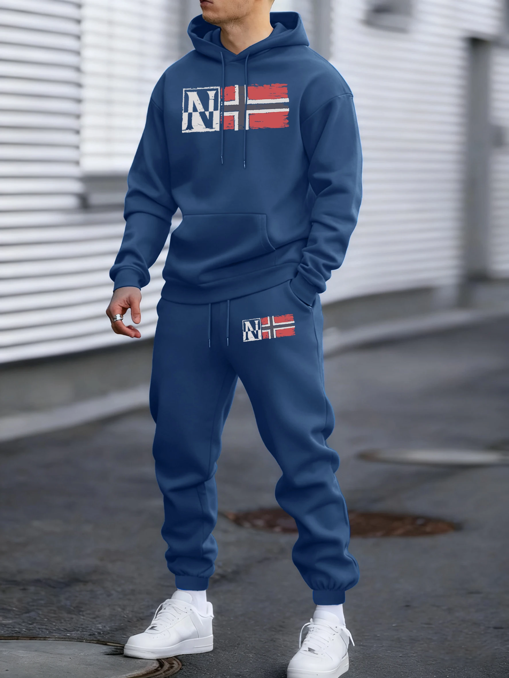 

N Artistic Characters And Flag Print Man Autumn Casual Pants Hoodie Set Sport Winter Fleece Sweatpants Fashion Comfy Sportswear